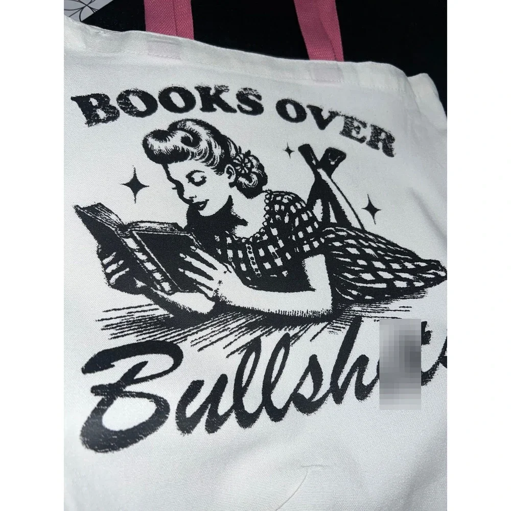 Books Over Bullsh*t Graphic Tote Bag White Pink Straps Canvas